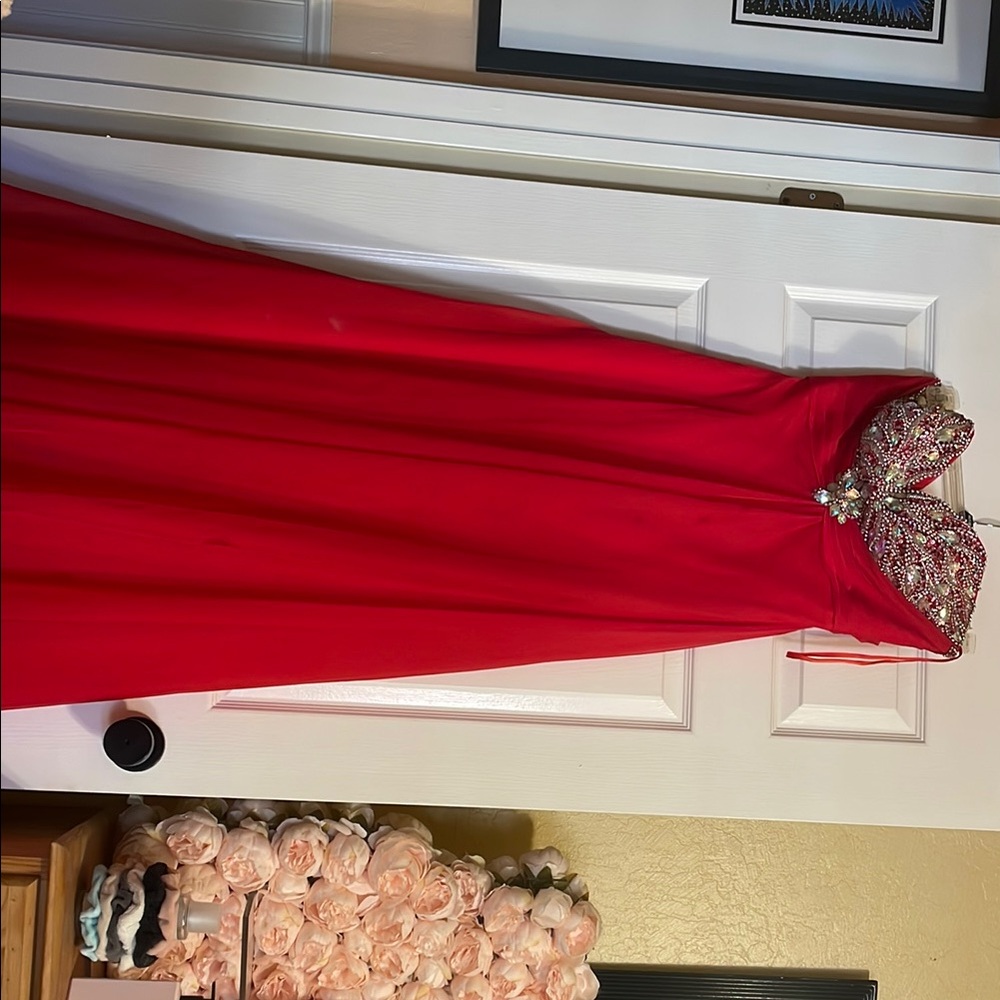 Elegant Red Gown with Embellished Bodice